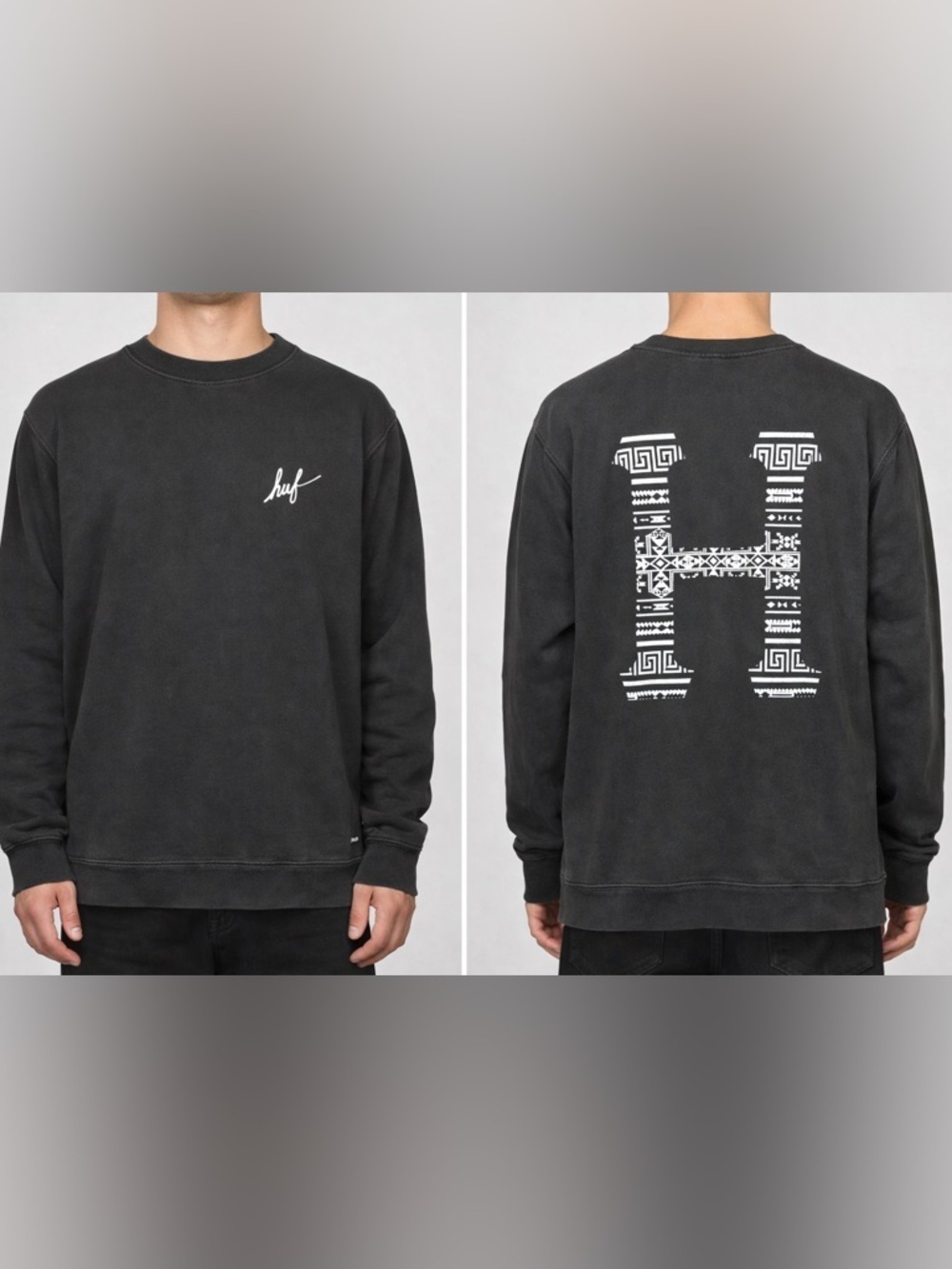 HUF Graphic Crewneck Sweatshirt Black Logo Back Print Size Large